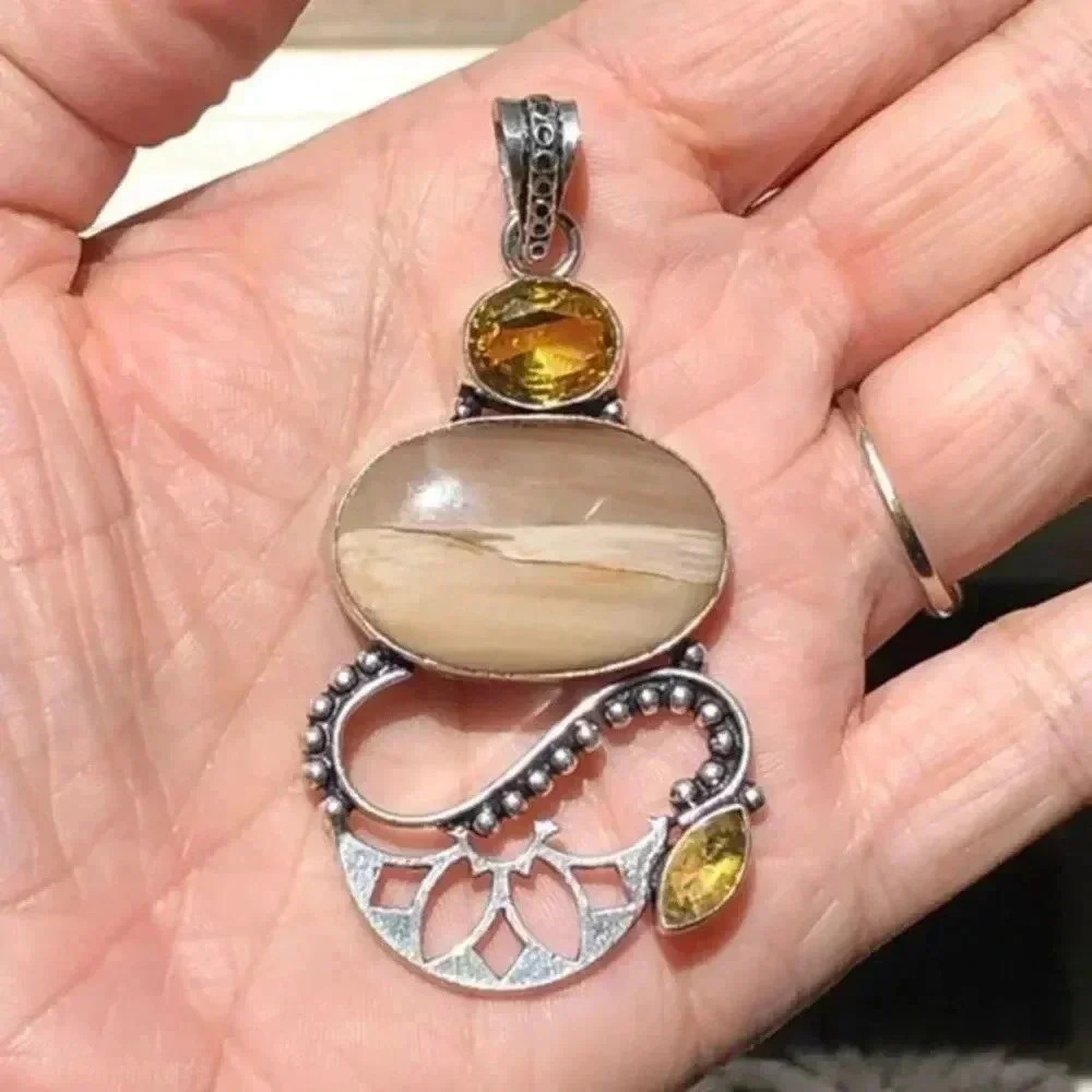 Ocean Jasper & Citrine 925 Sterling Silver Necklace Pendant NWT
